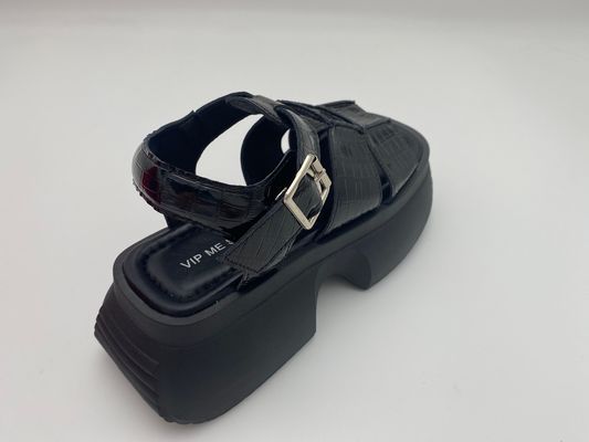 गर्मियों की महिलाओं के लिए धातु के बटन के साथ काले मोटी तल की सैंडल असली चमड़े की गर्मियों